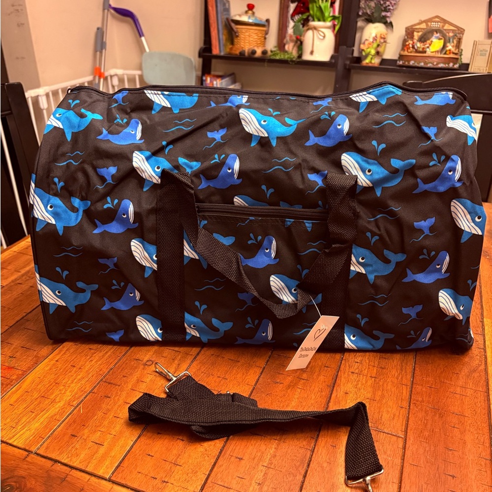 Blue Whale Print Travel Duffle Bag -Hard Bottom and Long Strap!